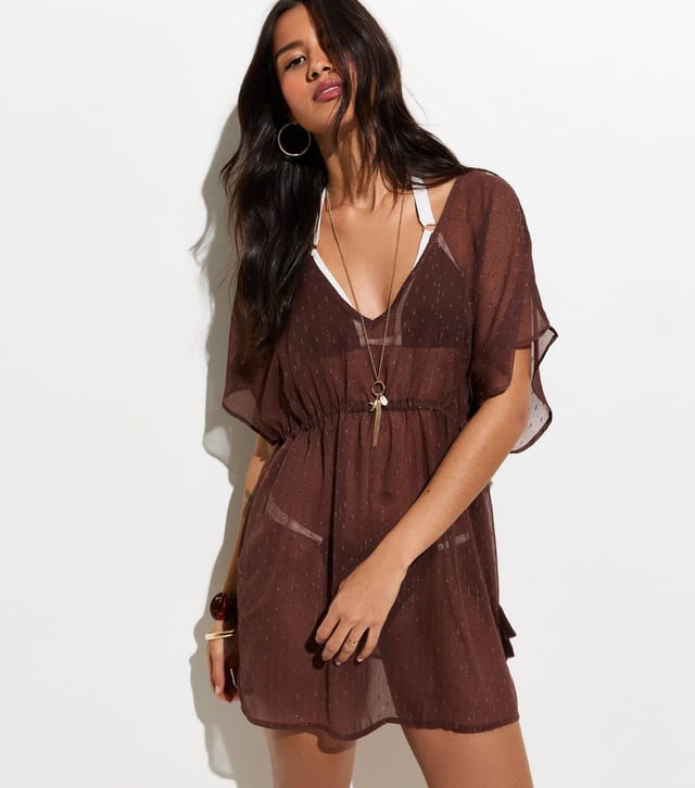 New Look Women's Dark Brown Sheer Sparkly Beach Kaftan Dress New Look - 2