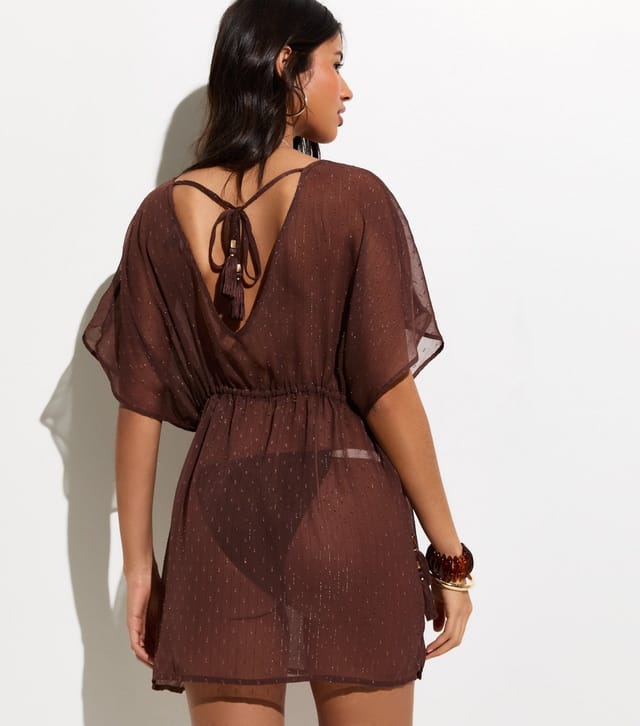 New Look Women's Dark Brown Sheer Sparkly Beach Kaftan Dress New Look - 3