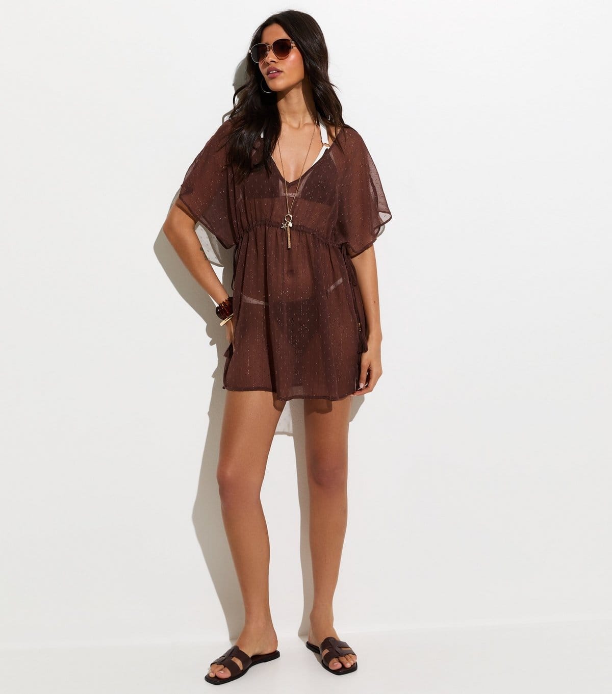 New Look Women's Dark Brown Sheer Sparkly Beach Kaftan Dress New Look - 4