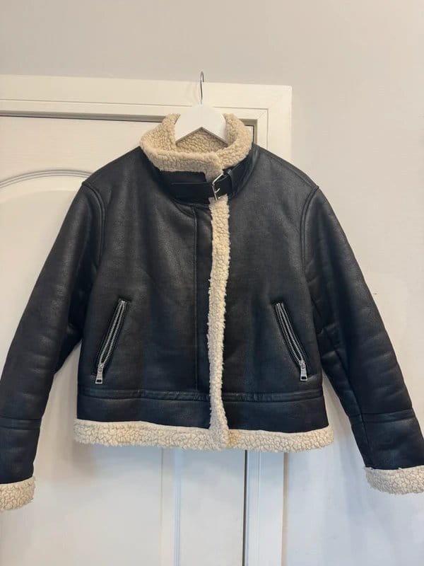 New Look Black Faux Leather Bomber Jacket - UK 10