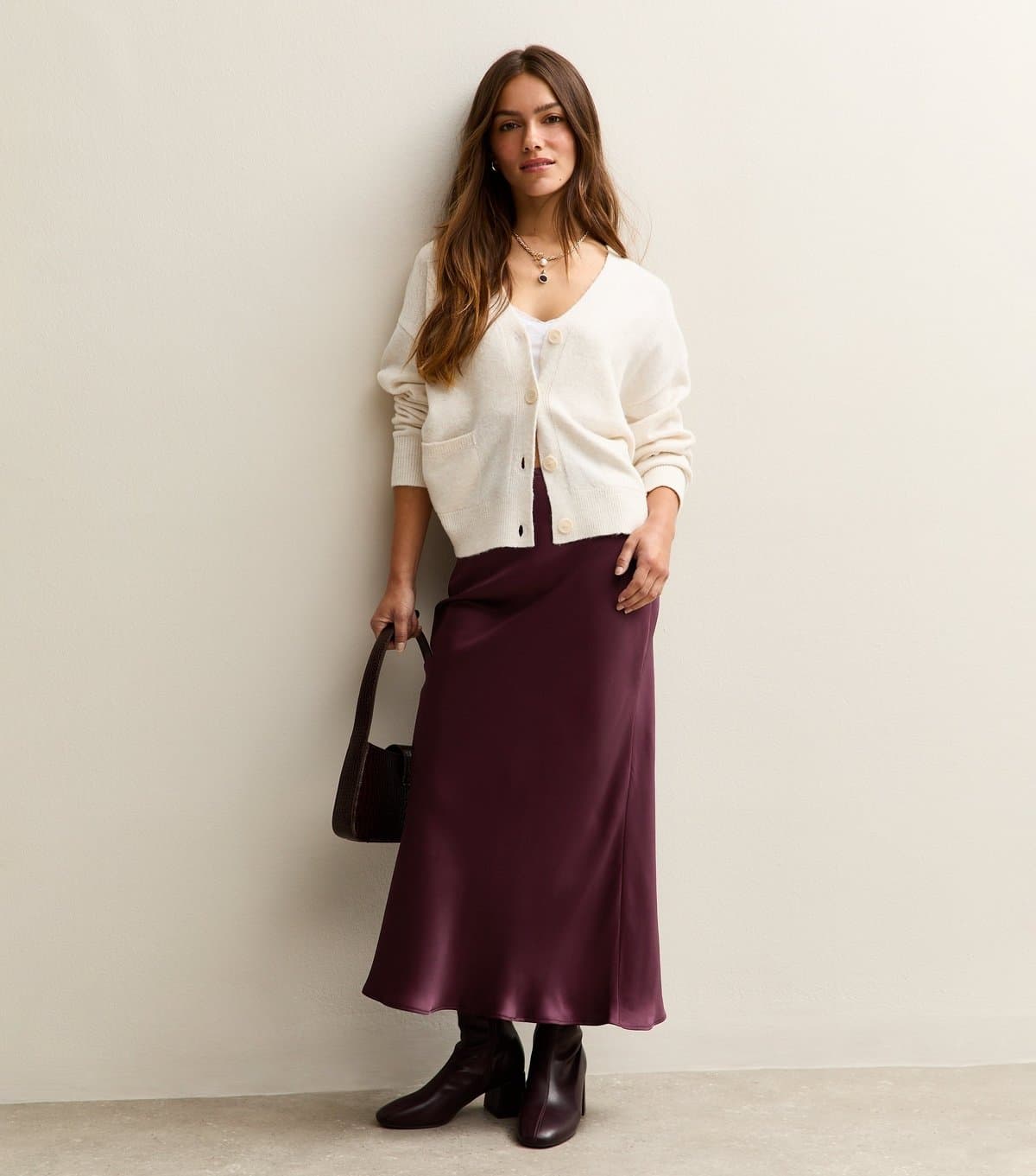 New Look New Look Petite Dark Burgundy Satin Midi Skirt