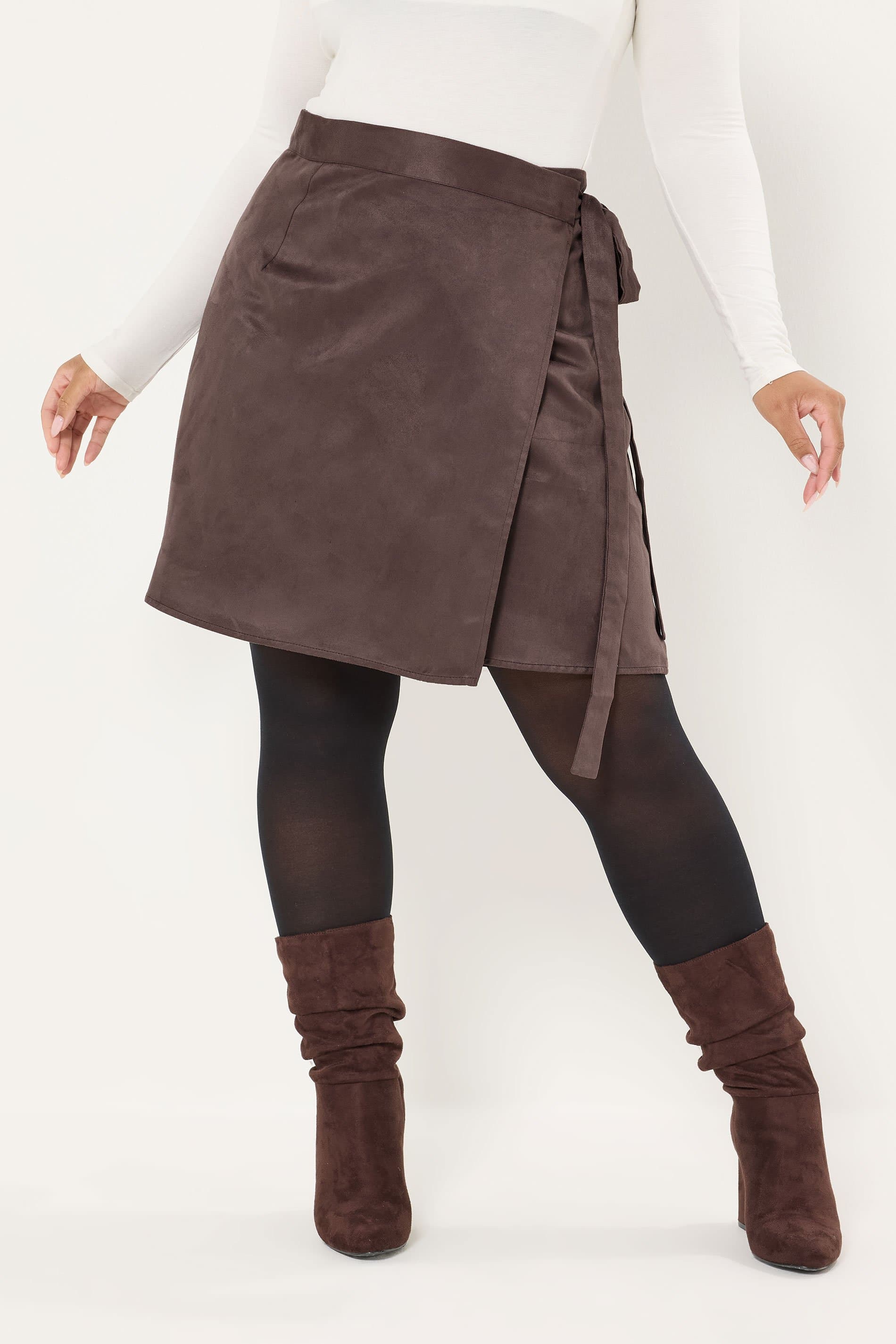 Yours Plus Size Chocolate Brown Faux Suede Wrap Mini Skirt