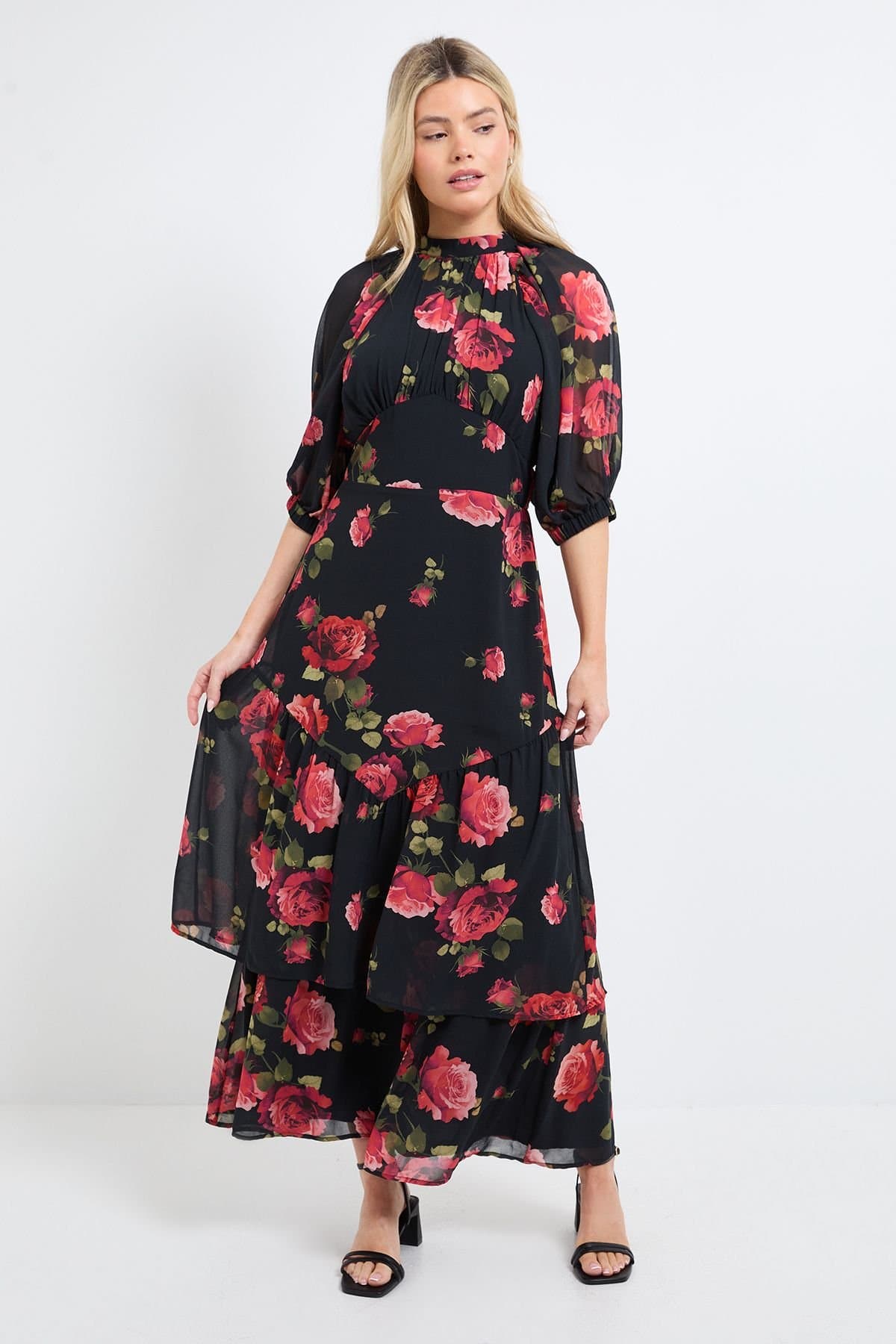 Dorothy Perkins Dorothy Perkins Women's DP Luxe Printed Floral Chiffon Empire Waist Tiered Frill Maxi Dress in Black
