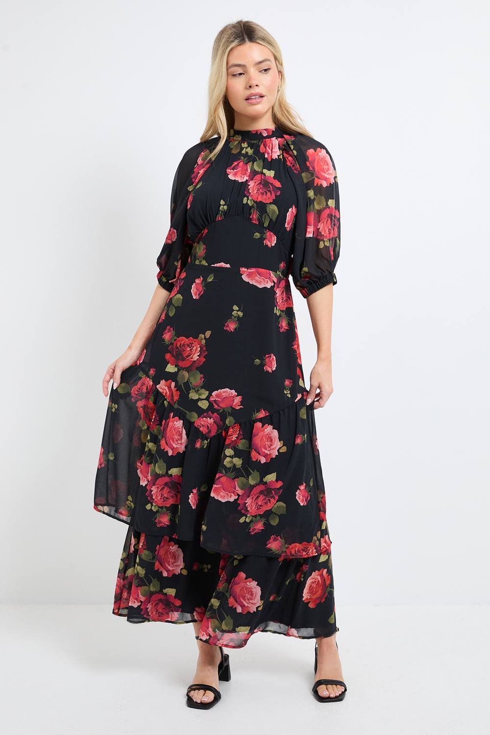 Dorothy Perkins Dorothy Perkins Women's DP Luxe Printed Floral Chiffon Empire Waist Tiered Frill Maxi Dress in Black - 2