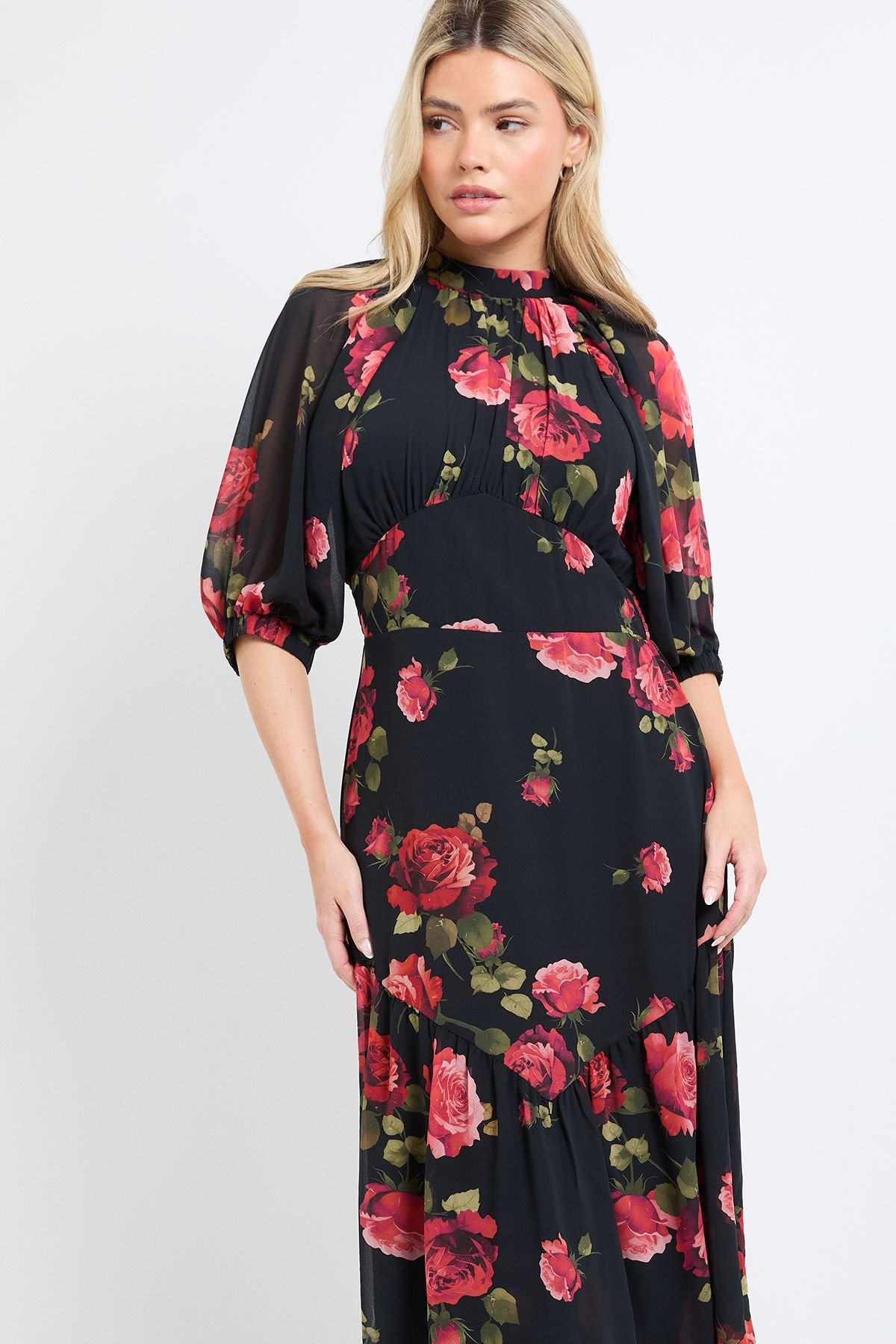 Dorothy Perkins Dorothy Perkins Women's DP Luxe Printed Floral Chiffon Empire Waist Tiered Frill Maxi Dress in Black - 4