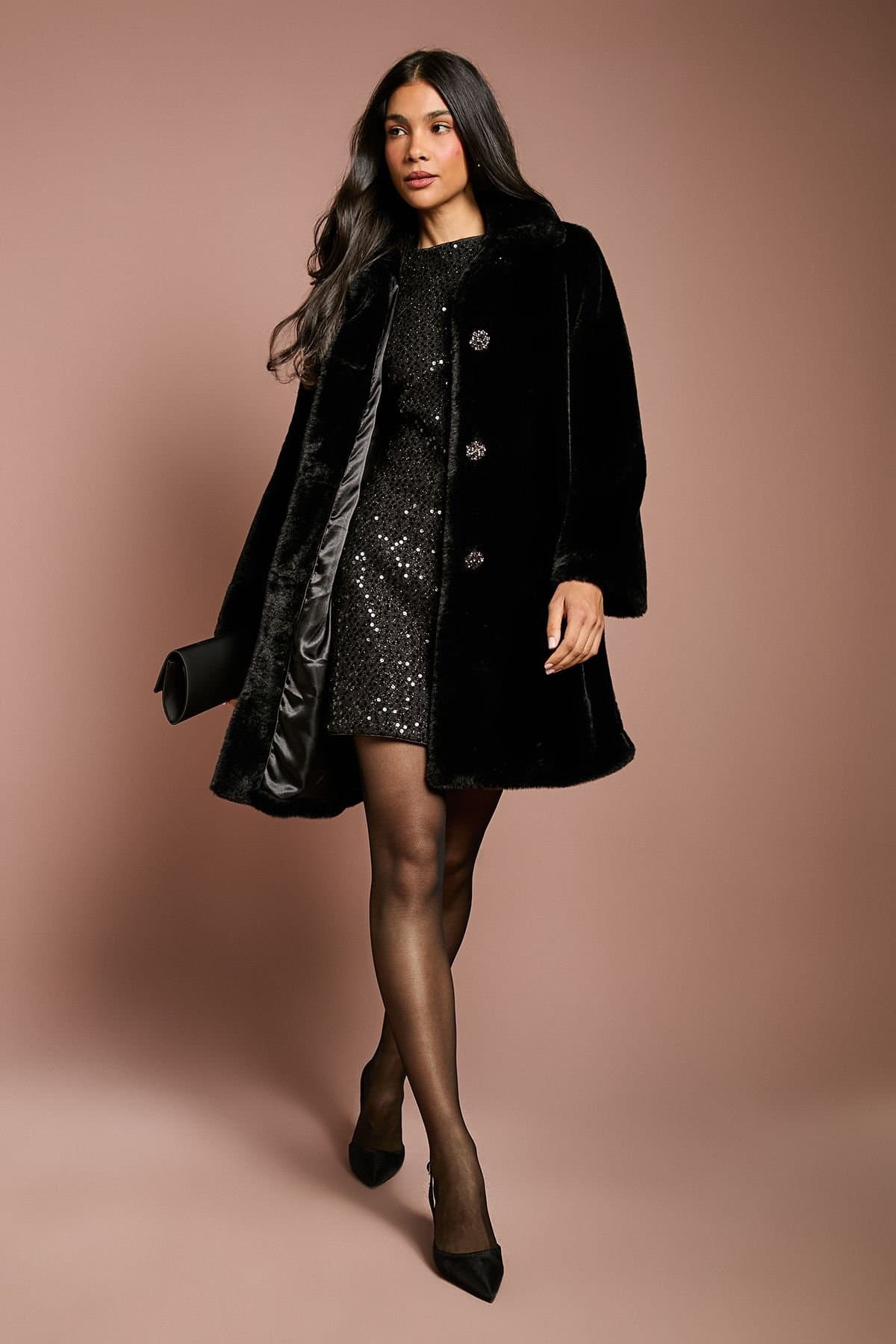 Coast Coast Women's Black Diamante Faux Fur Button Through Occasion Coat
