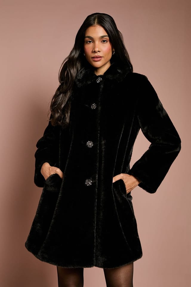 Coast Coast Women's Black Diamante Faux Fur Button Through Occasion Coat - 2