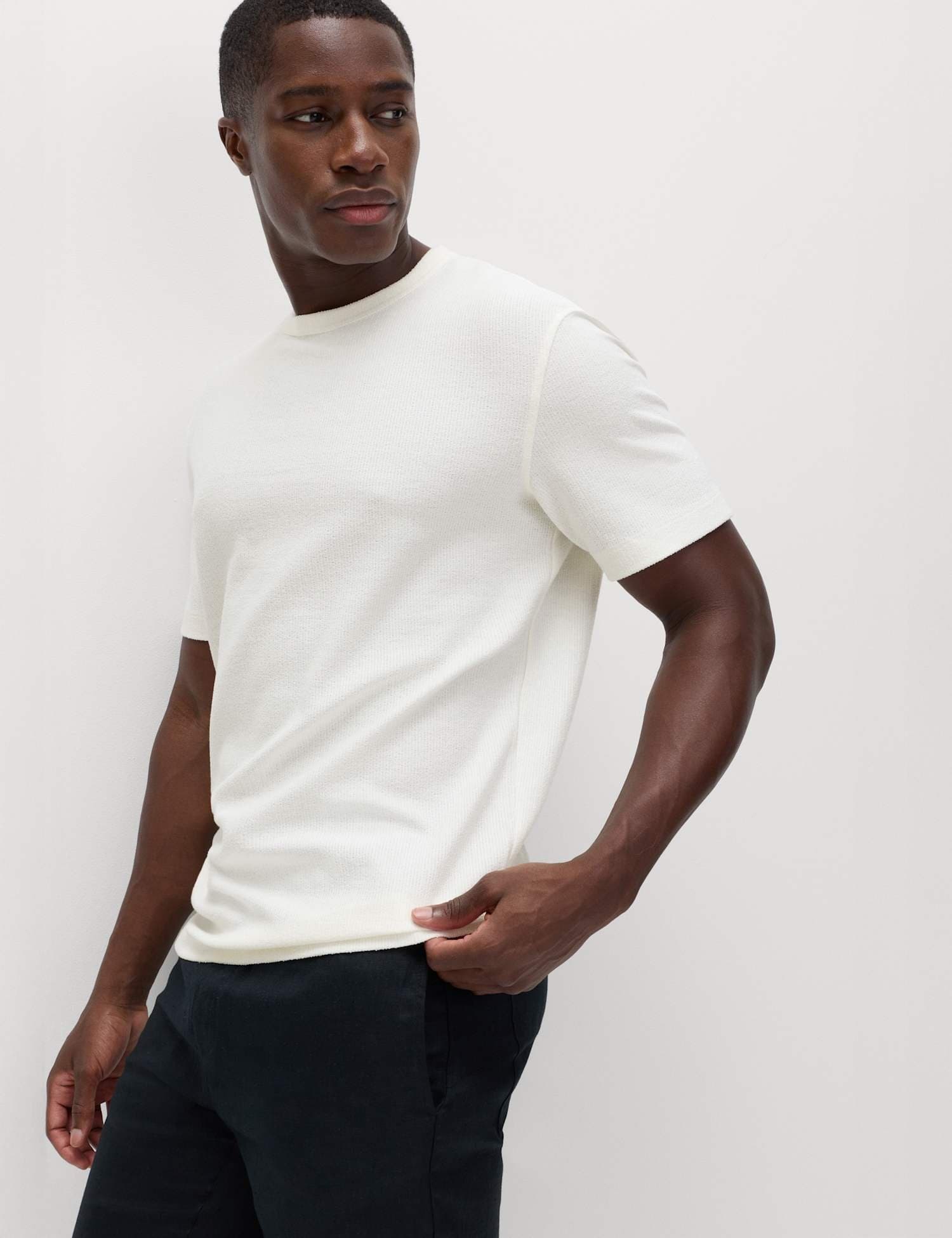 Marks & Spencer M&S Relaxed Fit Cotton Blend Textured T-Shirt Ivory