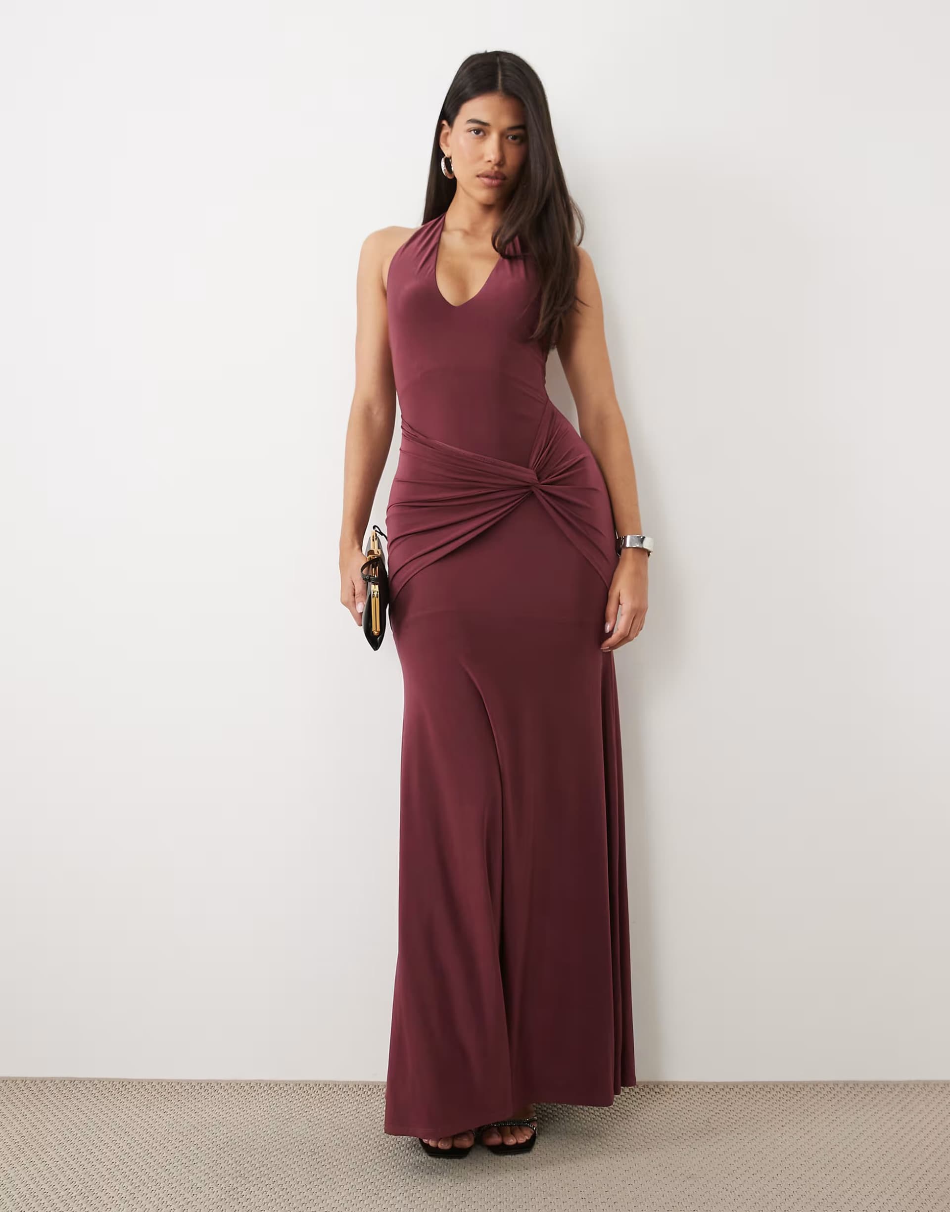 ASOS ASOS DESIGN halterneck maxi dress with twisted waist detail in wine