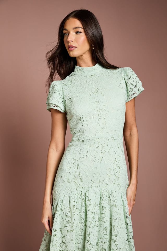 Coast Coast Women's Lace Frill Sleeve High Neck Midi Dress in Sage - 2
