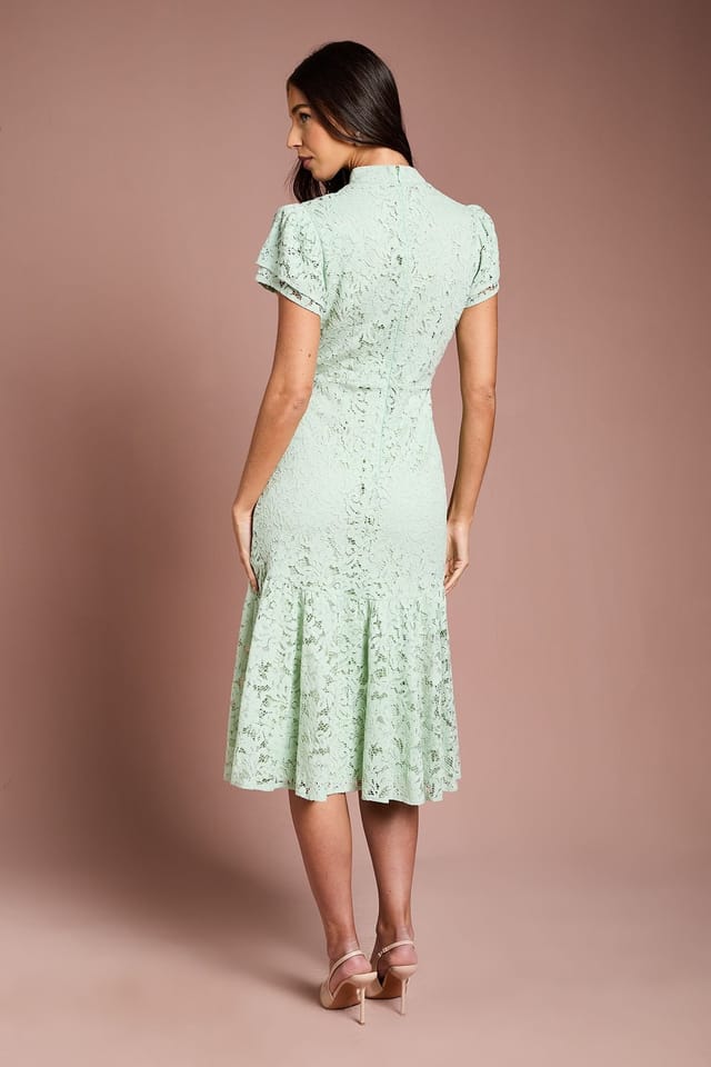 Coast Coast Women's Lace Frill Sleeve High Neck Midi Dress in Sage - 3