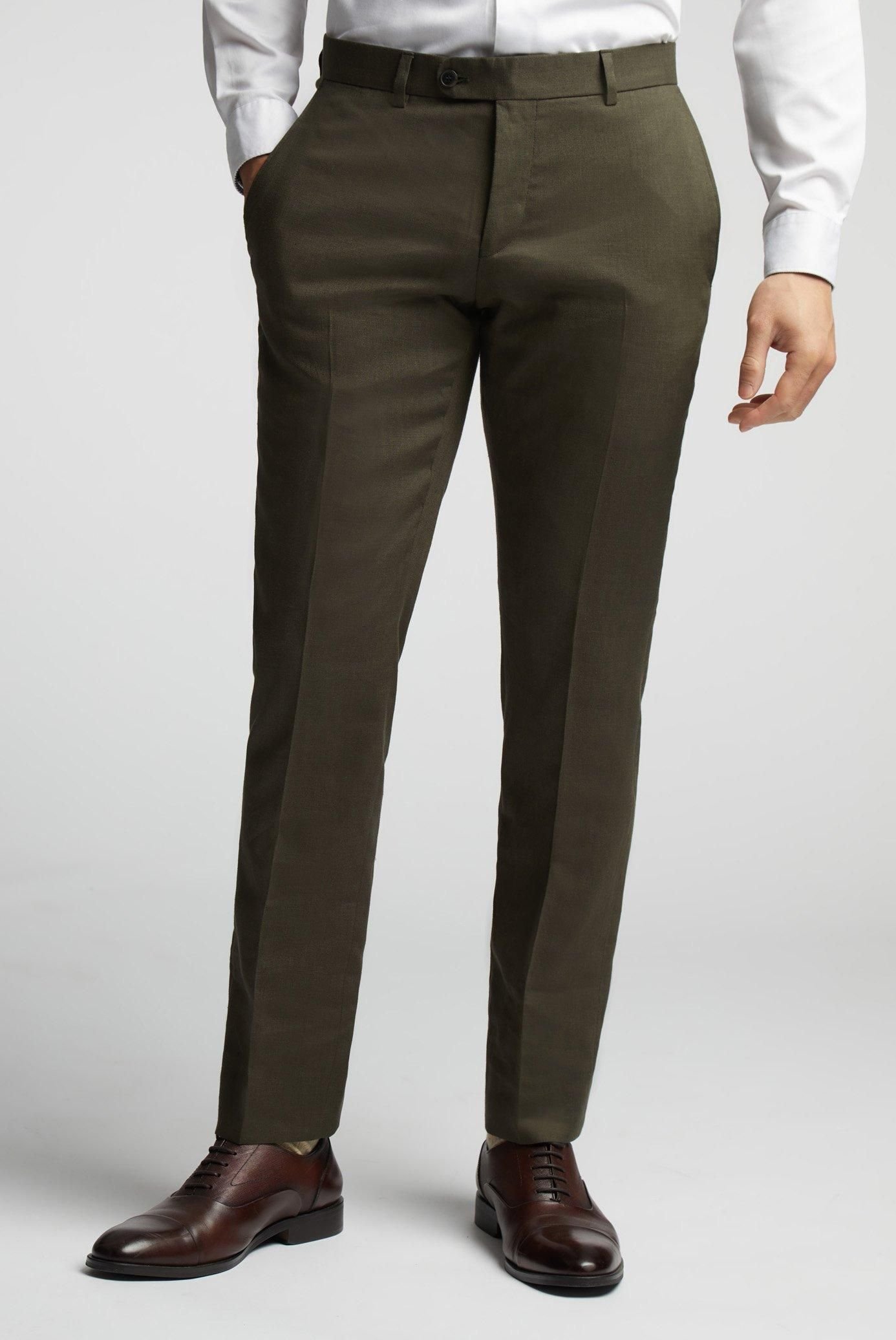 Alex Alex Men's Linen Tailored Fit Suit Trousers in Khaki - 2