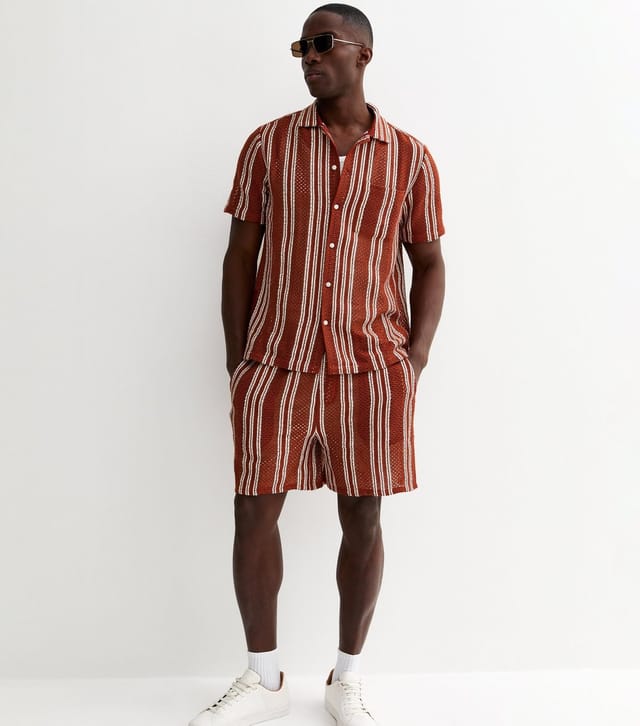 New Look Men's Red Regular Fit Textured Striped Shorts New Look - 3
