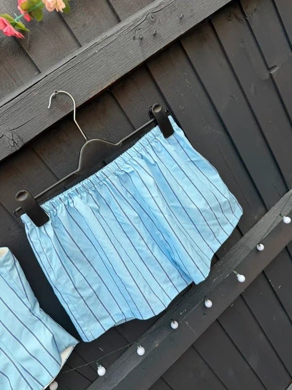 Boutique Boutique Blue Stripe Corset Co‑ord Set | Strapless Top + Elastic Shorts | Size S UK 8‑10