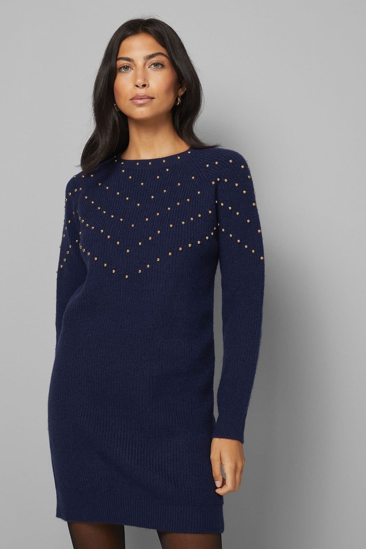 Wallis Wallis Women's Christmas Stud Tunic Knitted Dress in Navy