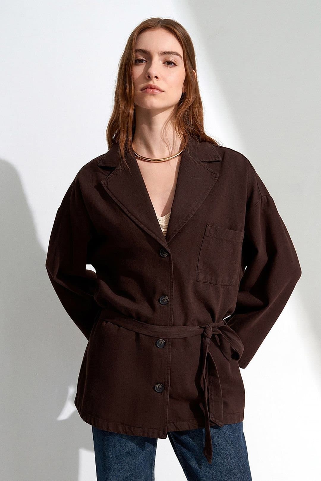 Dilvin Dilvin Women's Oversized Belted Long Jacket in Chocolate