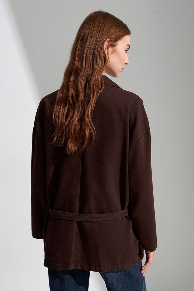 Dilvin Dilvin Women's Oversized Belted Long Jacket in Chocolate - 2
