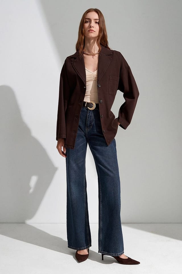Dilvin Dilvin Women's Oversized Belted Long Jacket in Chocolate - 3