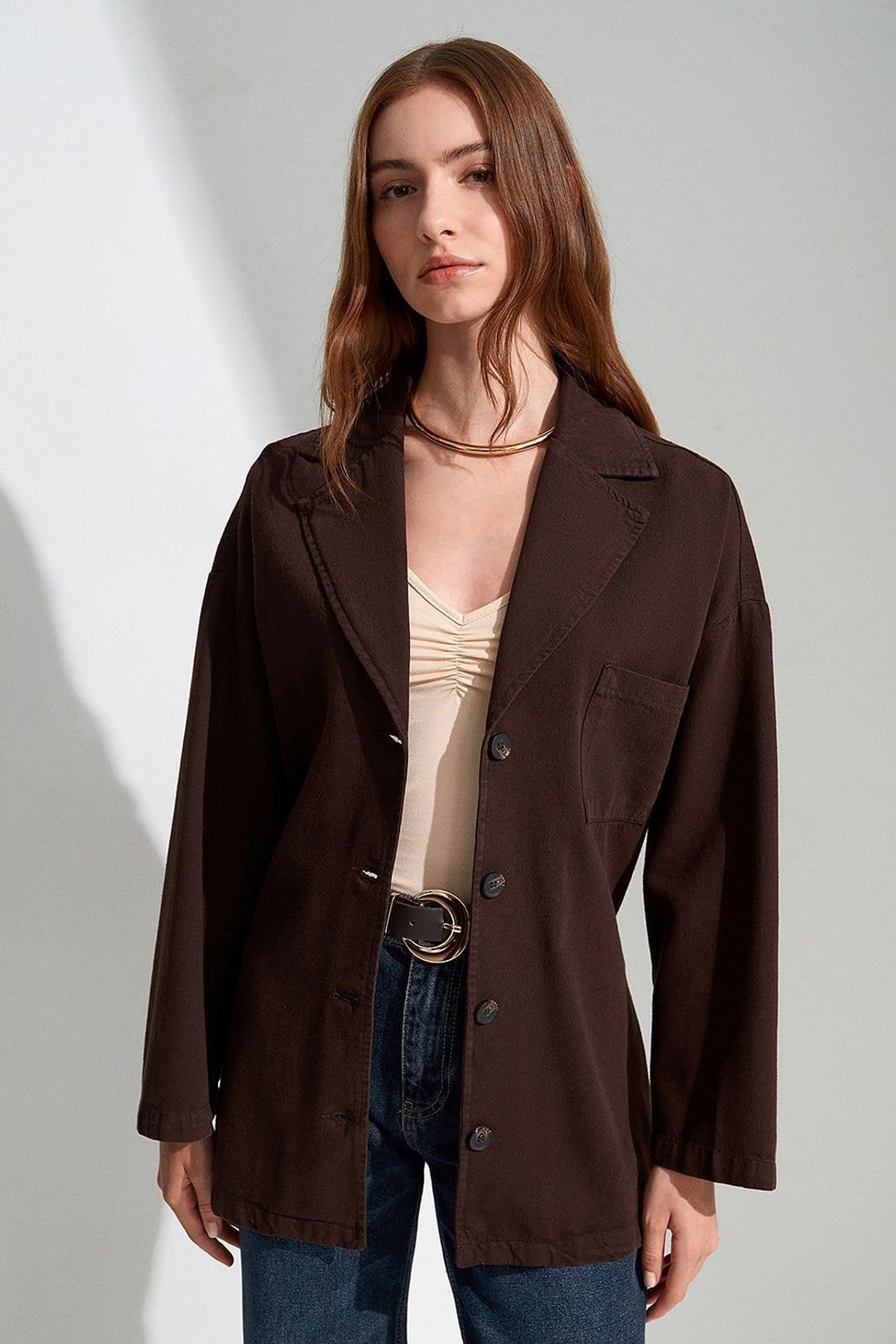 Dilvin Dilvin Women's Oversized Belted Long Jacket in Chocolate - 4