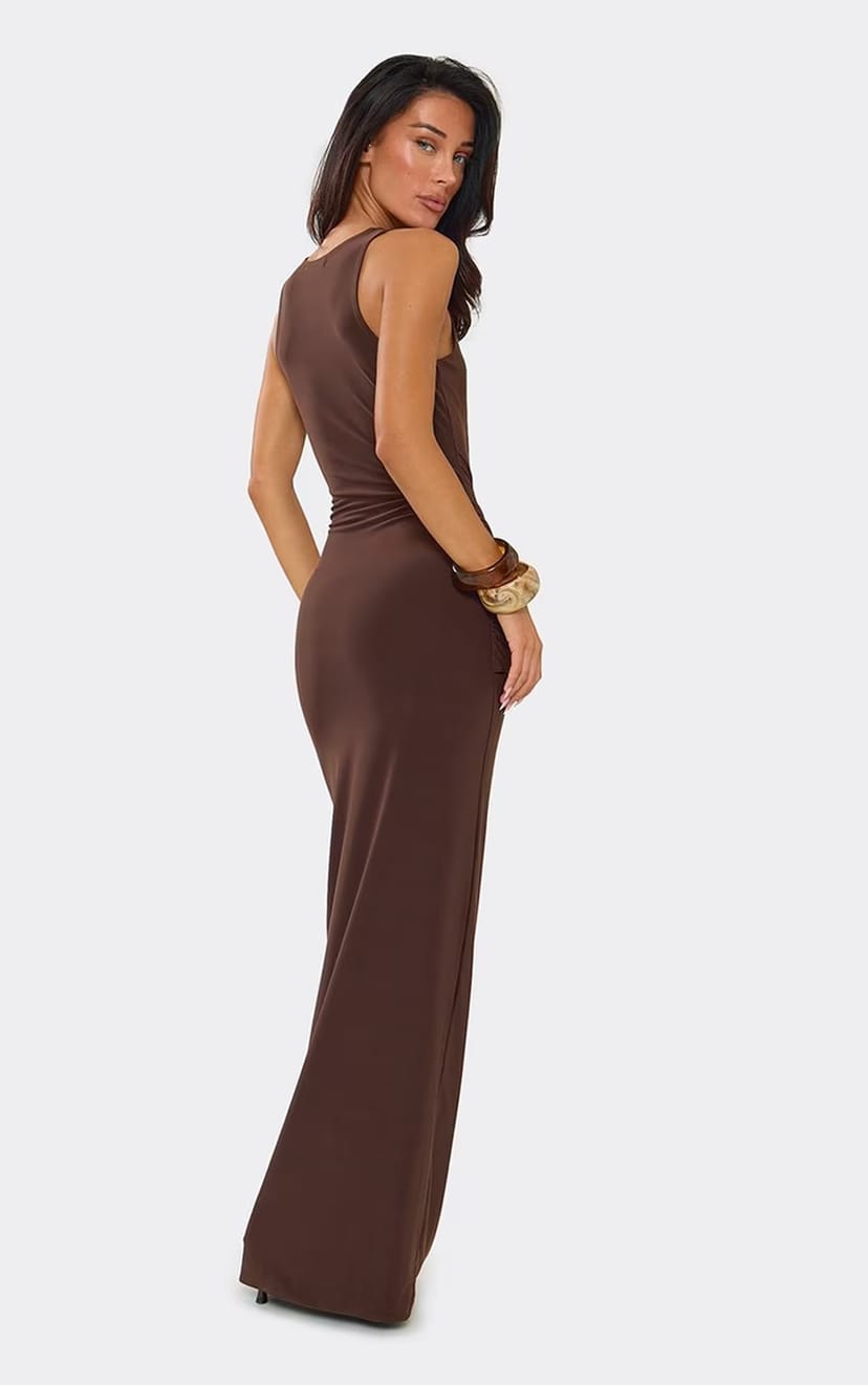 EGO Scoop Neck Trim Detail Maxi Dress In Chocolate Brown, Women's Size UK 6 - 1