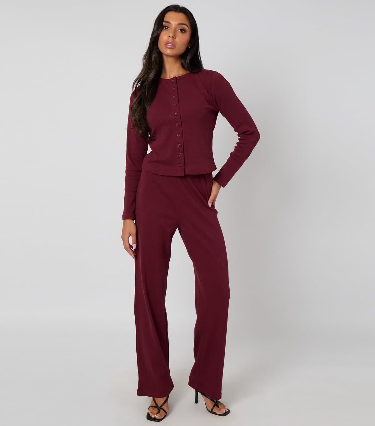 Urban Bliss Women's Burgundy Ribbed Wide Leg Trousers Urban Bliss New Look