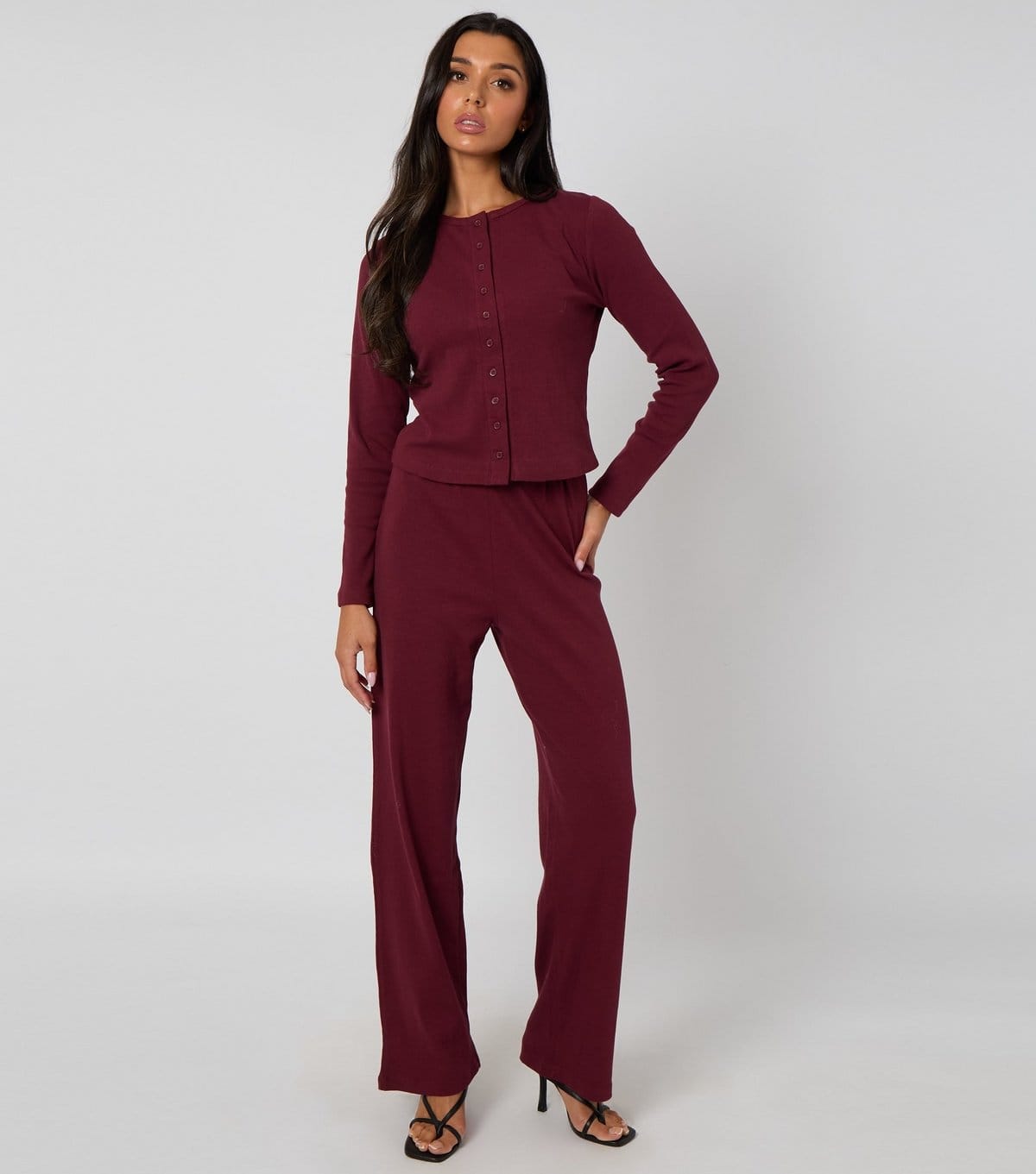 Urban Bliss Women's Burgundy Ribbed Wide Leg Trousers Urban Bliss New Look - 1