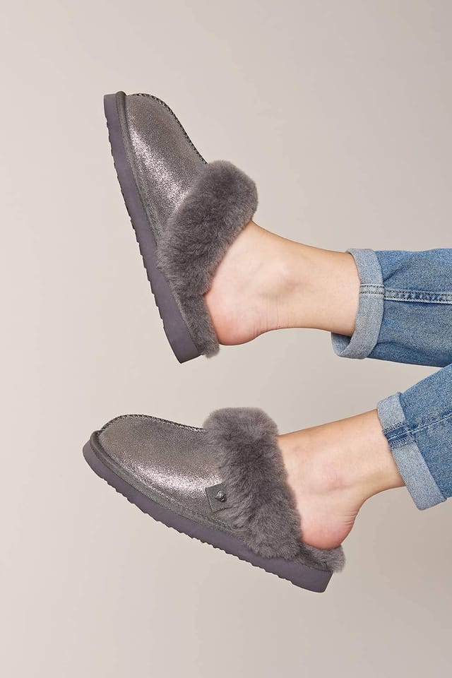 Moshulu Moshulu Women's 'Tiree' Sheepskin Mule Slippers in Metallic Silver - 2