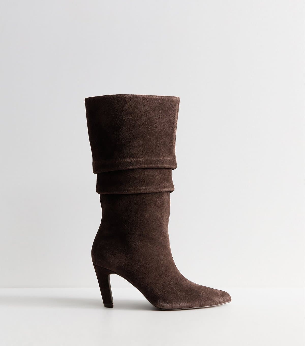 New Look Women's Dark Brown Suede Mid Calf High Ruched Boots New Look