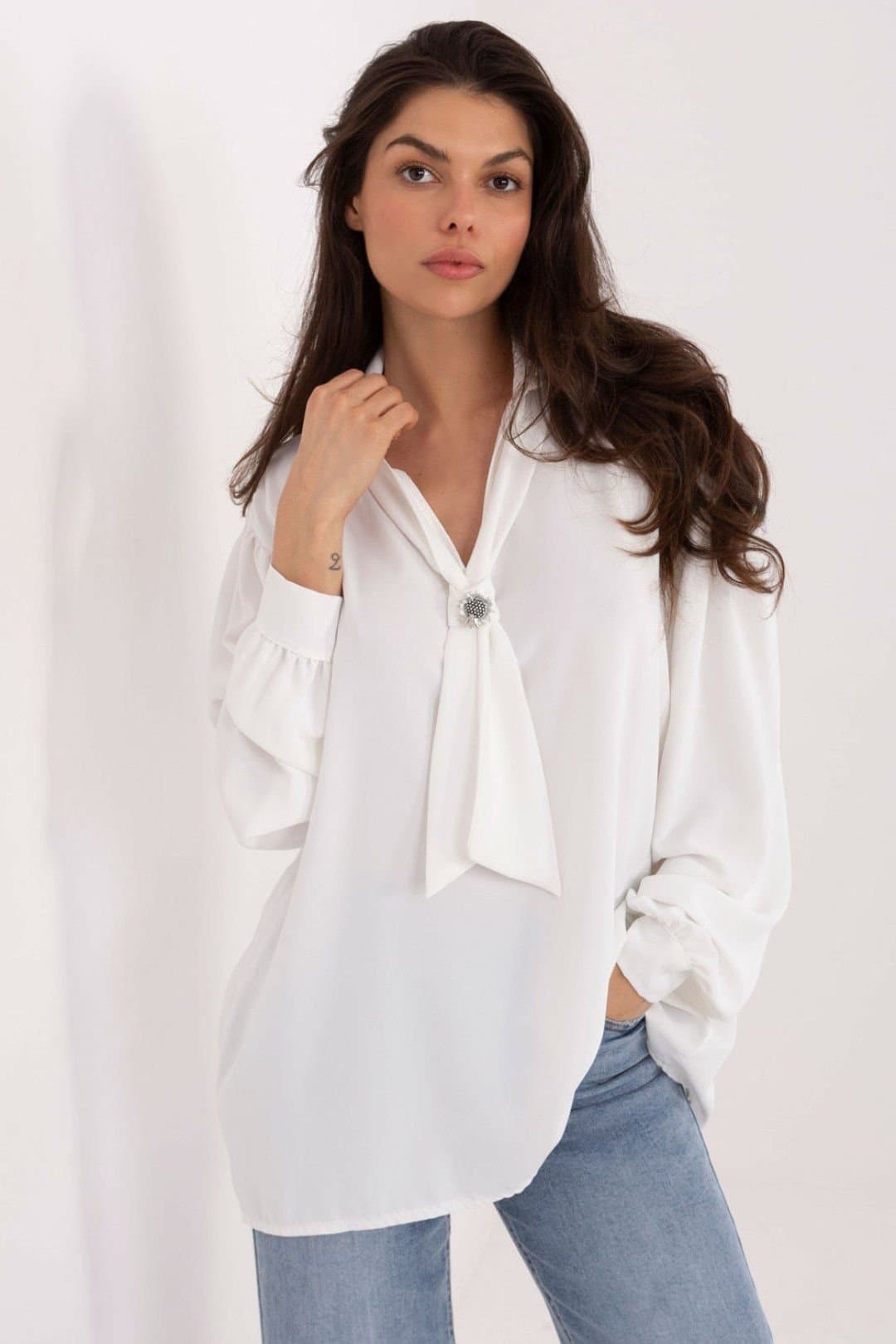Love Lace Love Lace Women's Elegant Polyester Tie Neck Blouse with Brooch in White