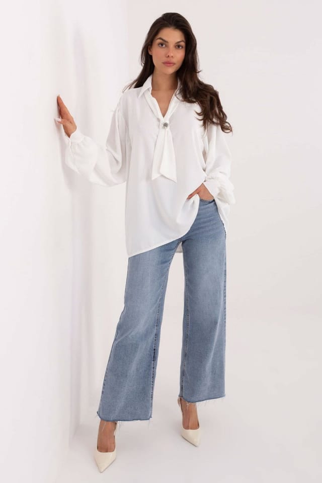 Love Lace Love Lace Women's Elegant Polyester Tie Neck Blouse with Brooch in White - 2