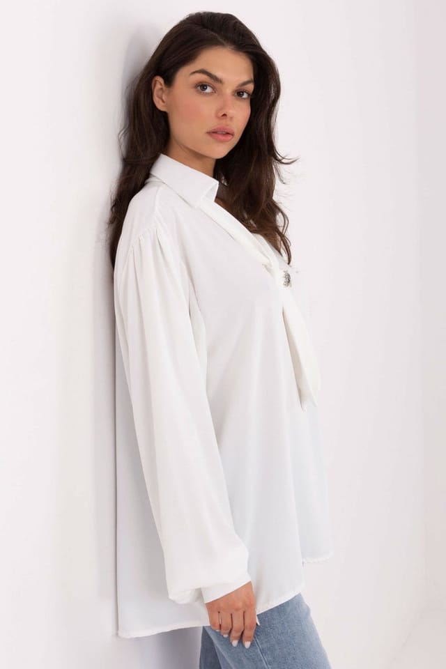 Love Lace Love Lace Women's Elegant Polyester Tie Neck Blouse with Brooch in White - 3