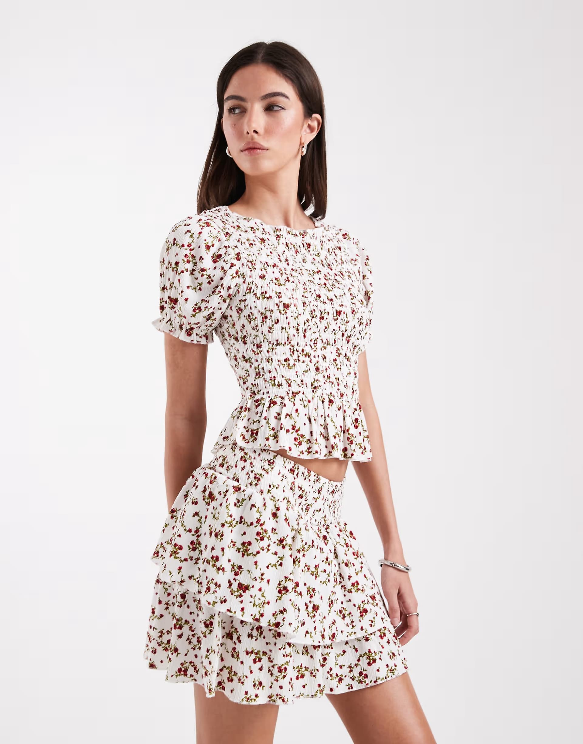 ASOS ONLY floral print ruffle mini skirt co-ord in white