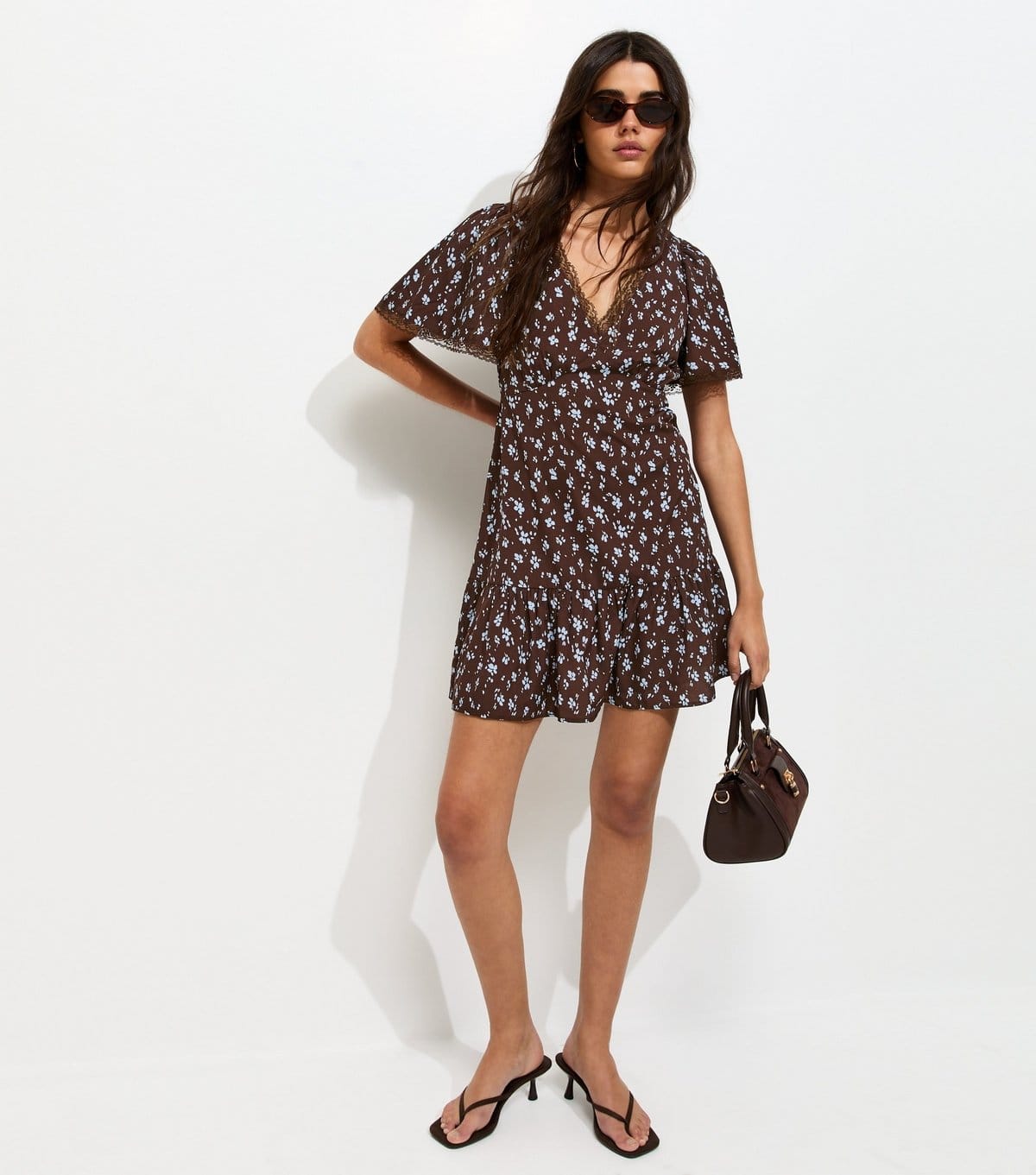 Women's Dark Brown Ditsy Floral Lace Trim Mini Tea Dress New Look