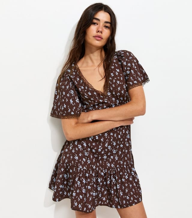 New Look Women's Dark Brown Ditsy Floral Lace Trim Mini Tea Dress New Look - 2