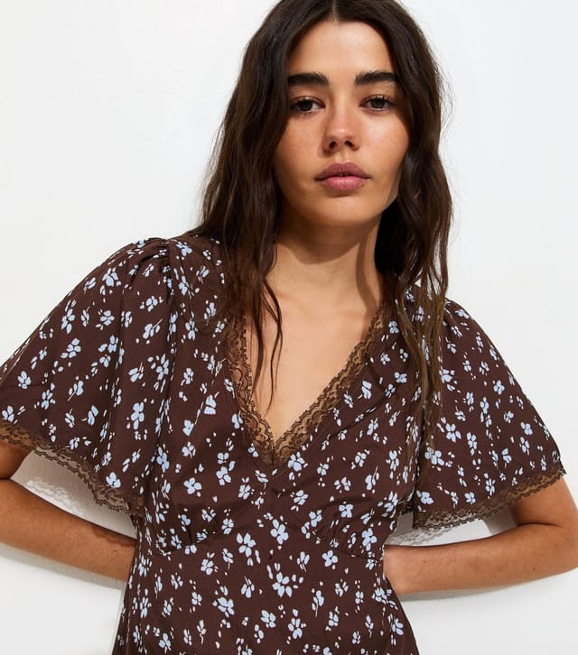 New Look Women's Dark Brown Ditsy Floral Lace Trim Mini Tea Dress New Look - 3