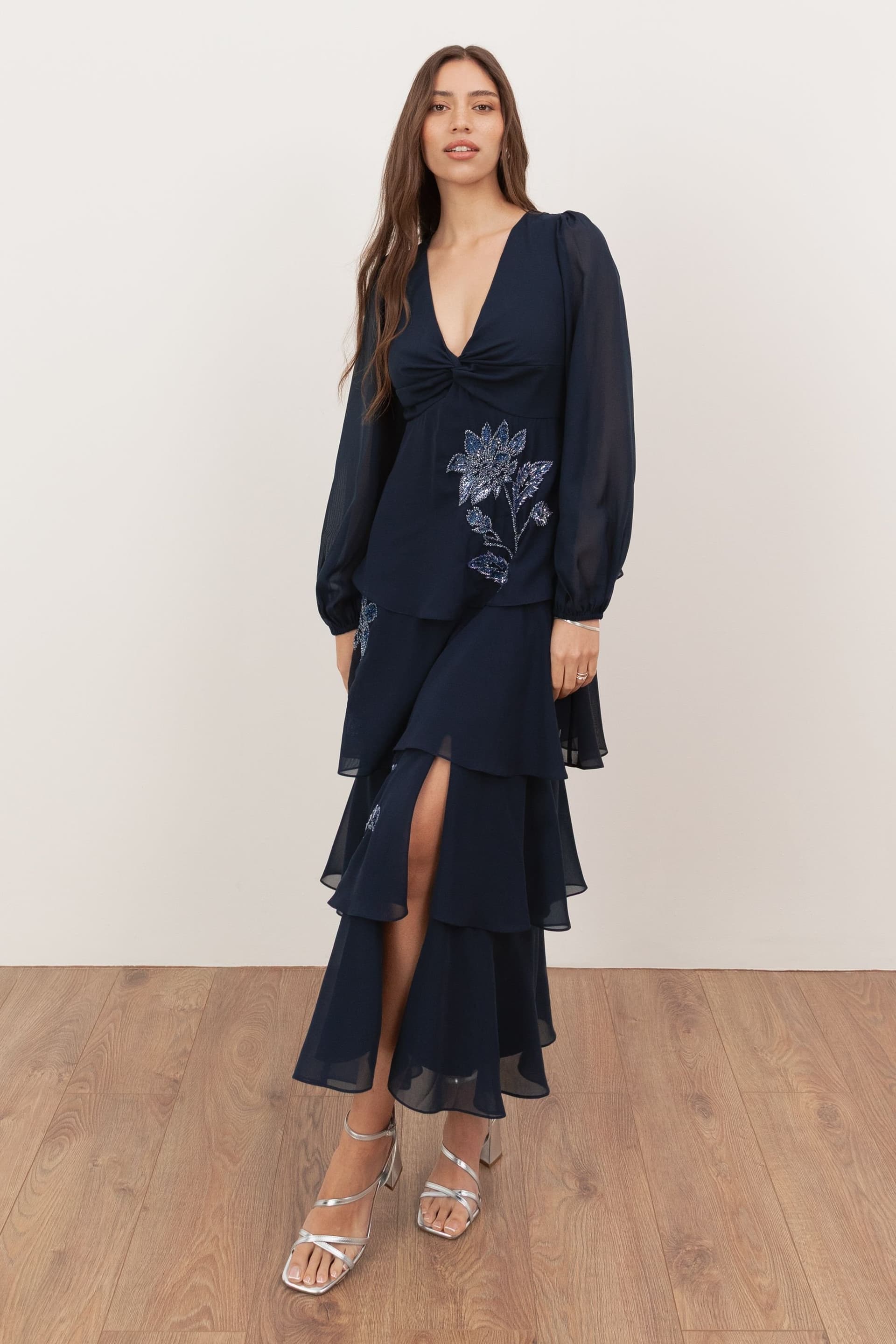 Maya Deluxe Maya Deluxe Women's Floral Embellished Twist-Front Long Sleeve Tiered Midaxi Dress in Dark Navy