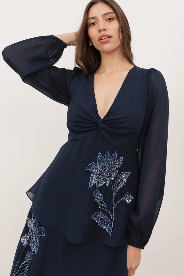 Maya Deluxe Maya Deluxe Women's Floral Embellished Twist-Front Long Sleeve Tiered Midaxi Dress in Dark Navy - 3