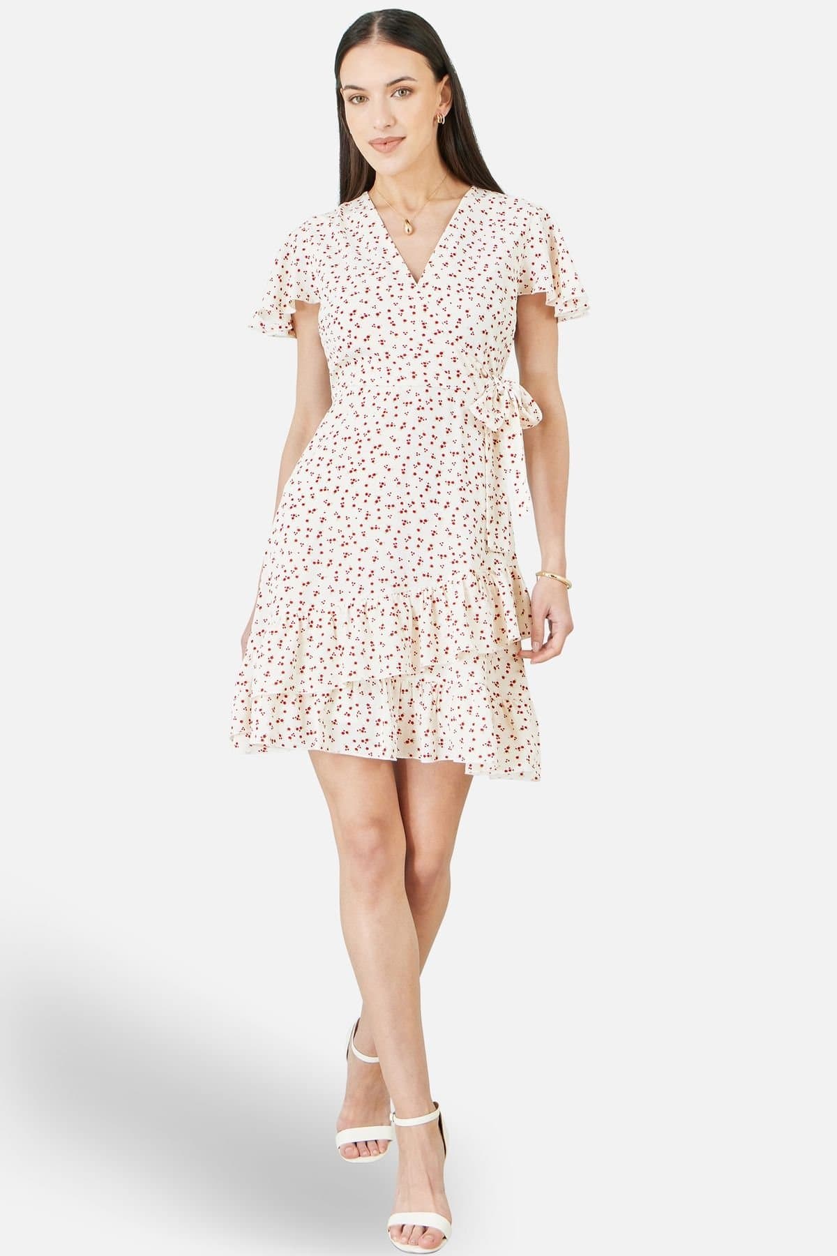 Yumi Yumi Women's White Ditsy Print Frill Wrap Dress in Warm White