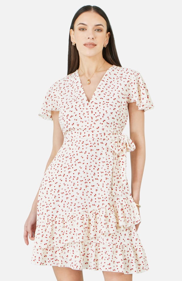 Yumi Yumi Women's White Ditsy Print Frill Wrap Dress in Warm White - 2