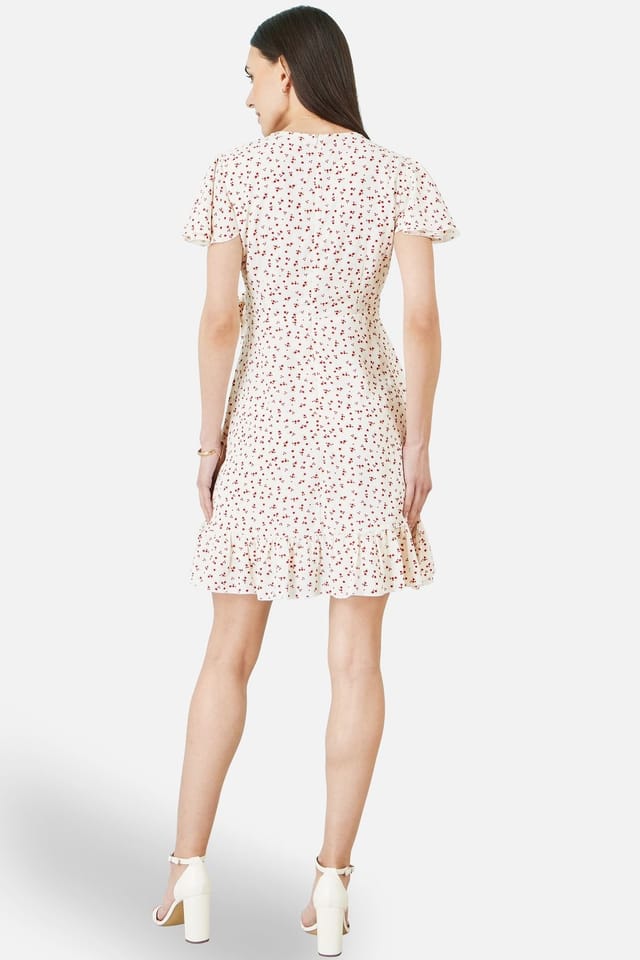 Yumi Yumi Women's White Ditsy Print Frill Wrap Dress in Warm White - 3