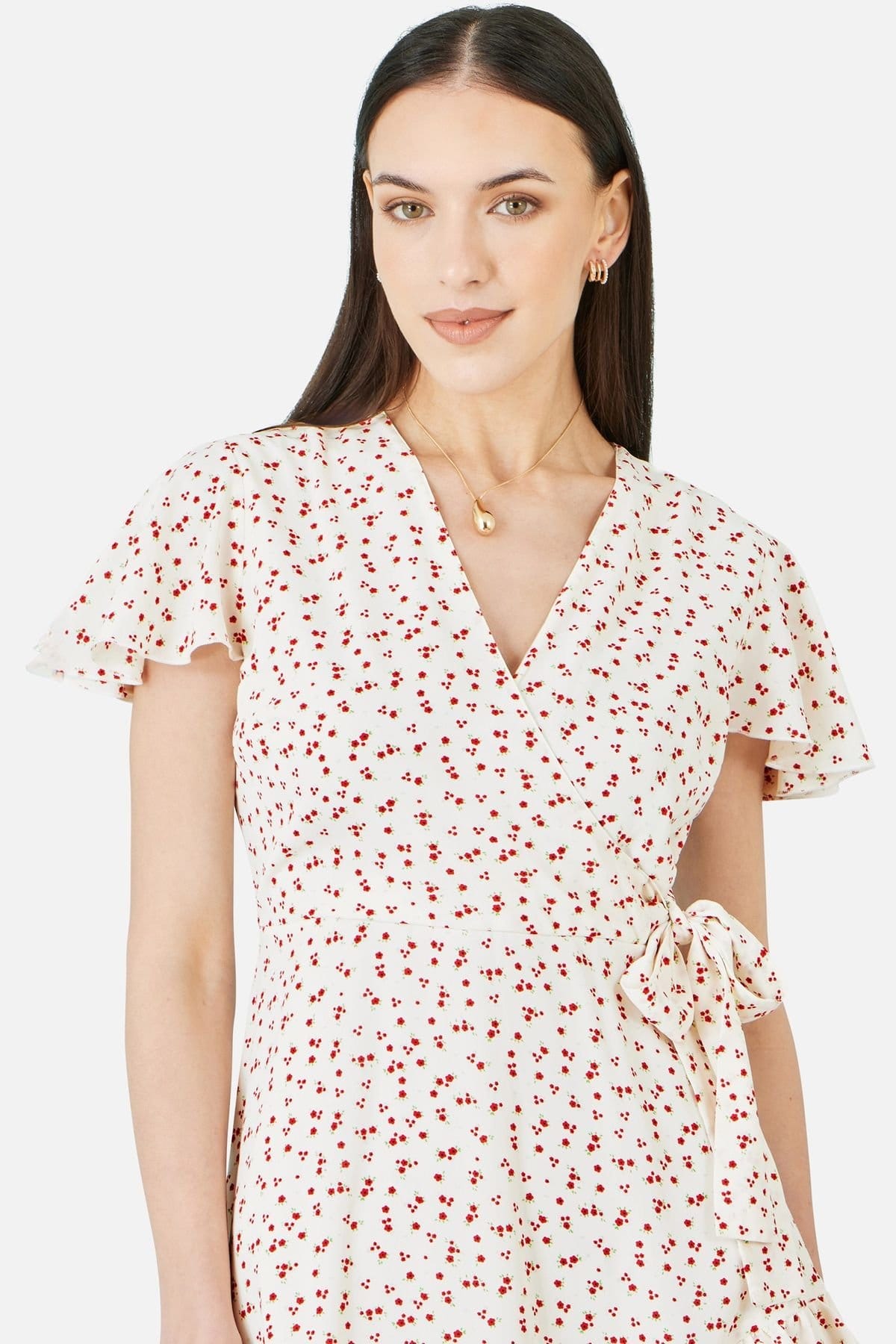 Yumi Yumi Women's White Ditsy Print Frill Wrap Dress in Warm White - 4