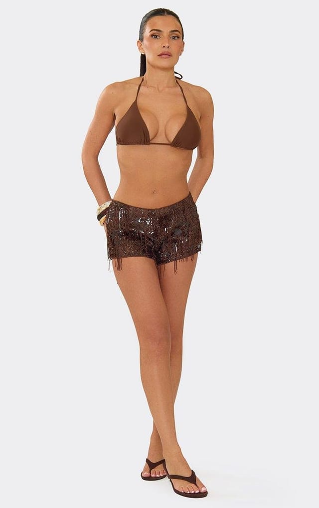EGO Low Waist Tassel Detail Hot Pant Shorts In Brown Sequin, Women's Size UK L - 2