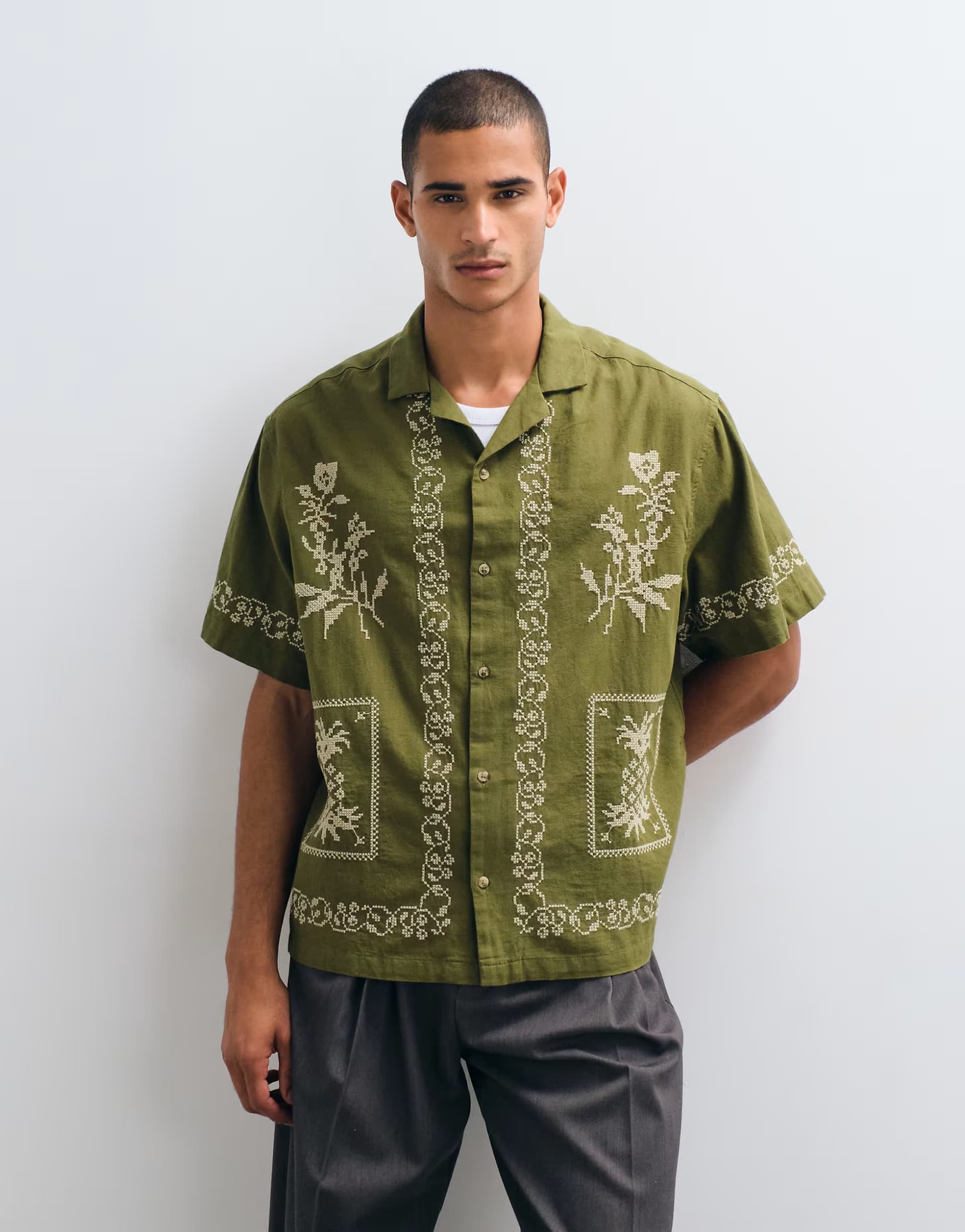 ASOS ASOS DESIGN oversized shirt with linen and cross stitch embroidery in khaki