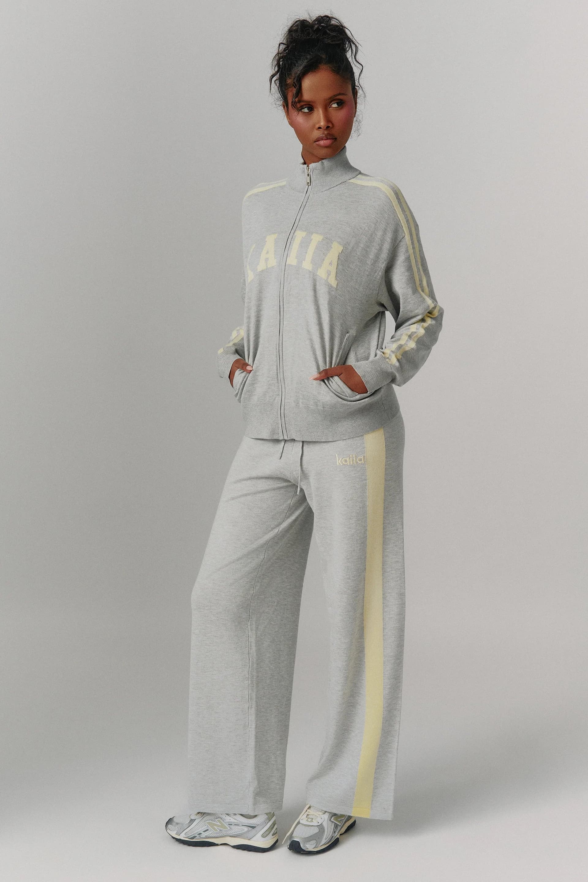 Kaiia Kaiia Lightweight Knit Sport Stripe Wide Leg Trousers Grey Marl & Lemon