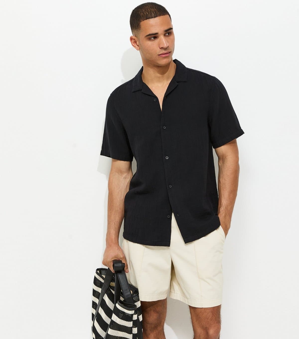 New Look Men's Black Regular Double Cloth Revere Shirt New Look