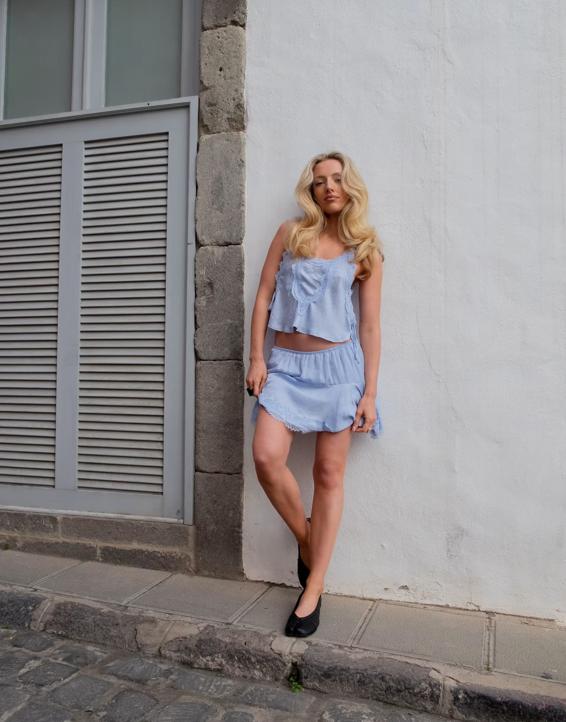 ASOS Daisy Street x Emma Jean floaty lace satin cami top with lace edging in blue co-ord