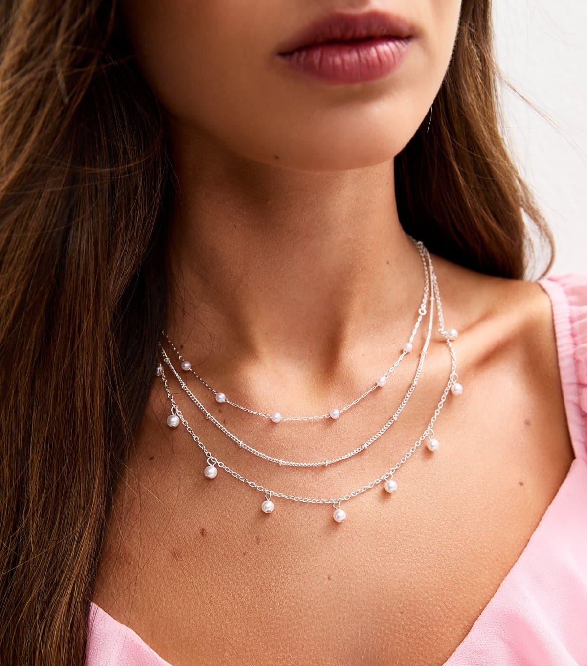 New Look Silver Tone Multi Layer Faux Pearl Charm Necklace New Look