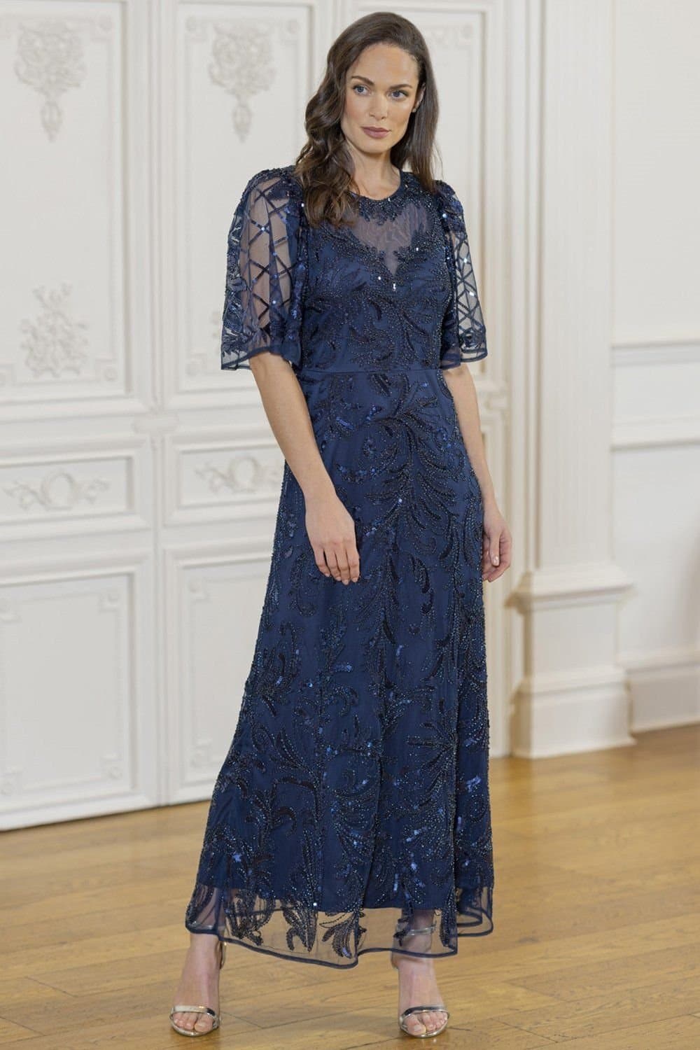 Klass. Klass. Women's Embellished Wide Sleeve Mesh Maxi Dress in Midnight