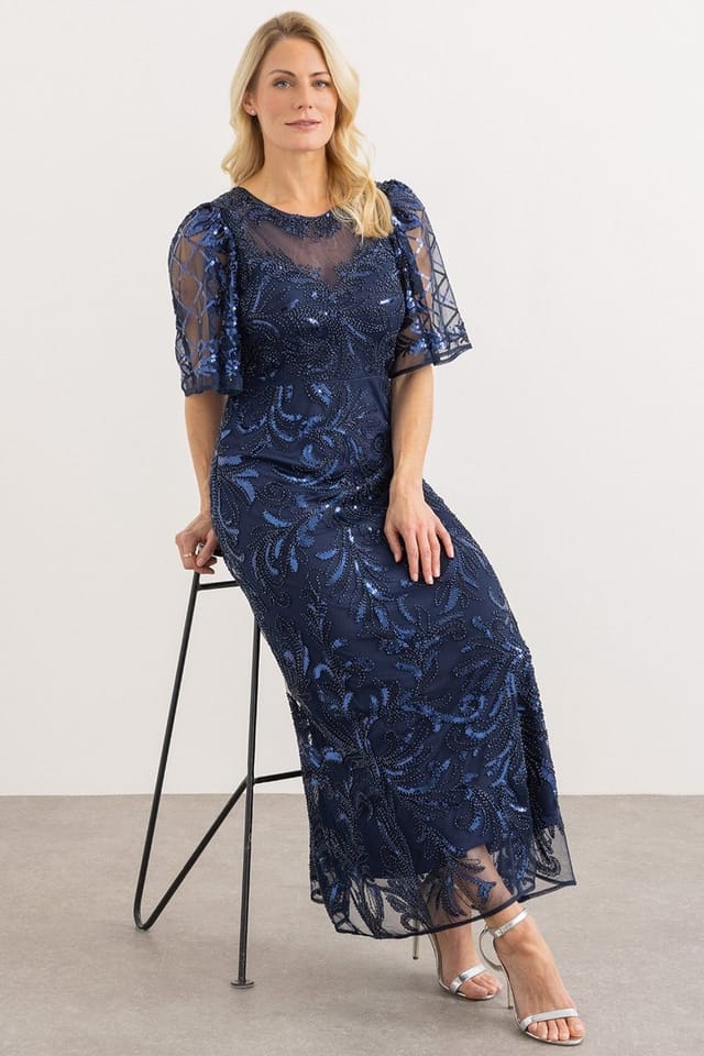 klass Klass. Women's Embellished Wide Sleeve Mesh Maxi Dress in Midnight - 2