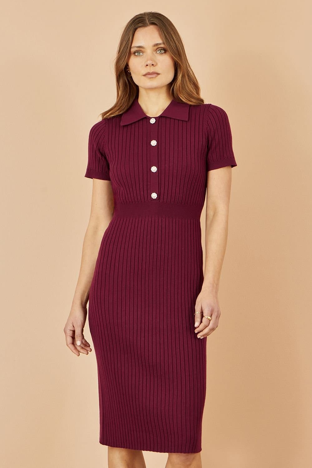 Yumi Yumi Women's Burgundy Fitted Rib Knitted Midi Dress With Daisy Buttons